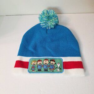 Kids Peanuts Charlie Brown Gang Carolers Beanie Hat Pom Pom Winter Blue White